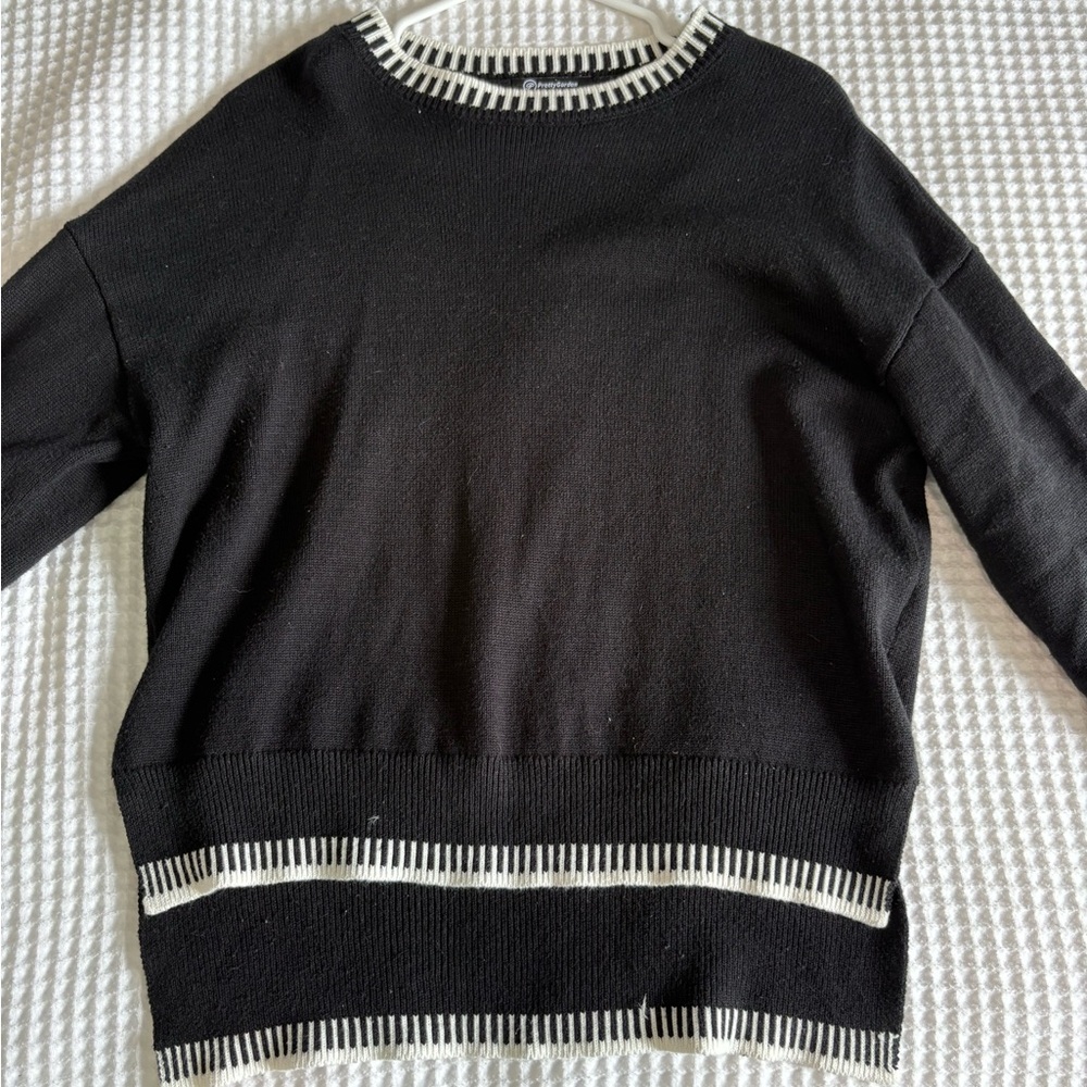 Black Crewneck Sweater with White Trim